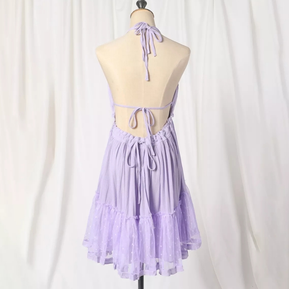 Lilac Layered Mesh Skirt Backless Halter Boho Beach Mini Dress - Picture 4 of 16